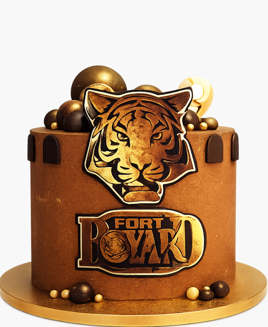 Торт в форме здания и мастичным топпером тигра Фото