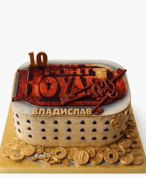 Торт в форме здания и монетами Фото