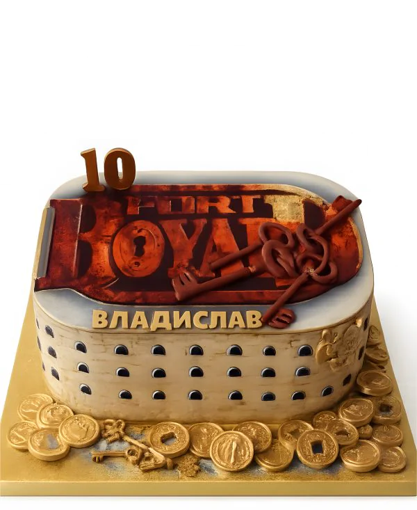 Торт в форме здания и монетами Фото