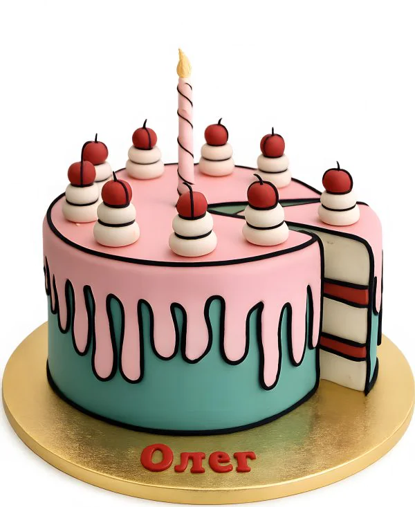 Торт в голубых и розовых тонах с вишенками Фото