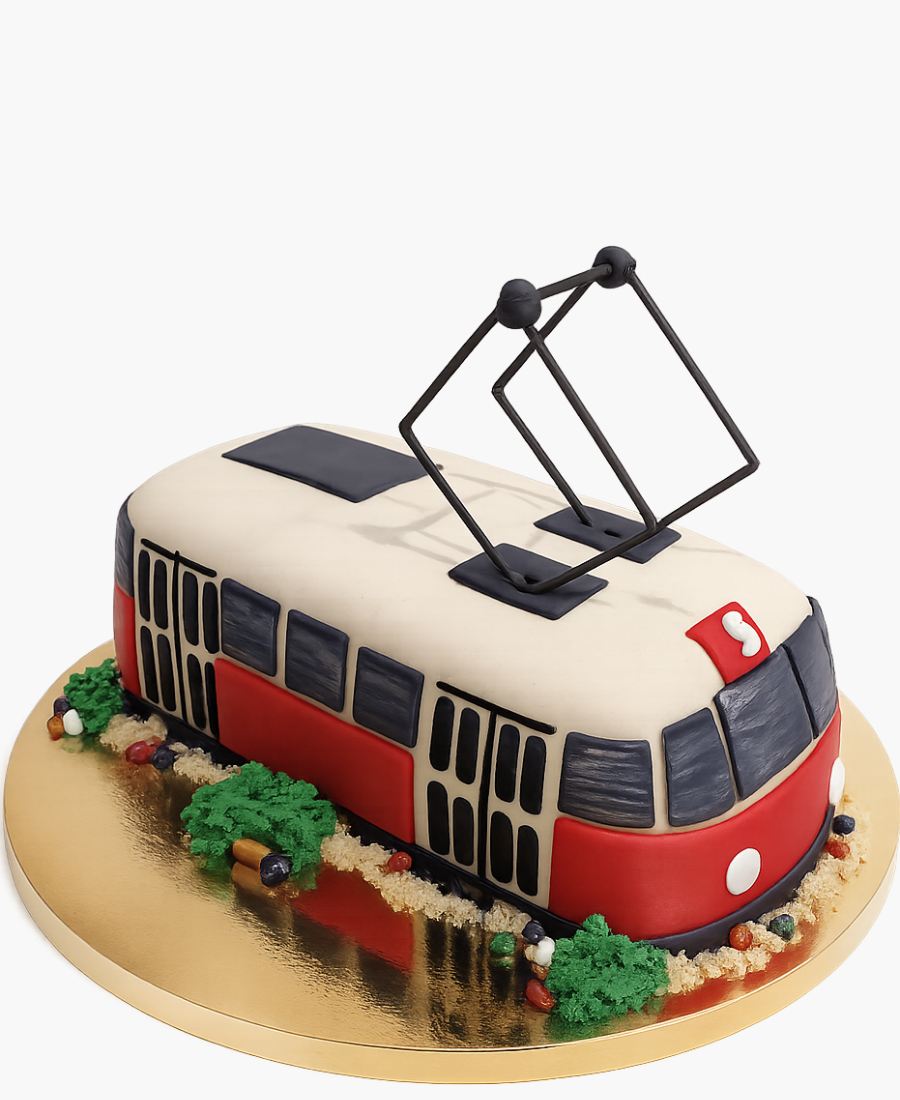 Торт в стиле красно-белого трамвая Фото