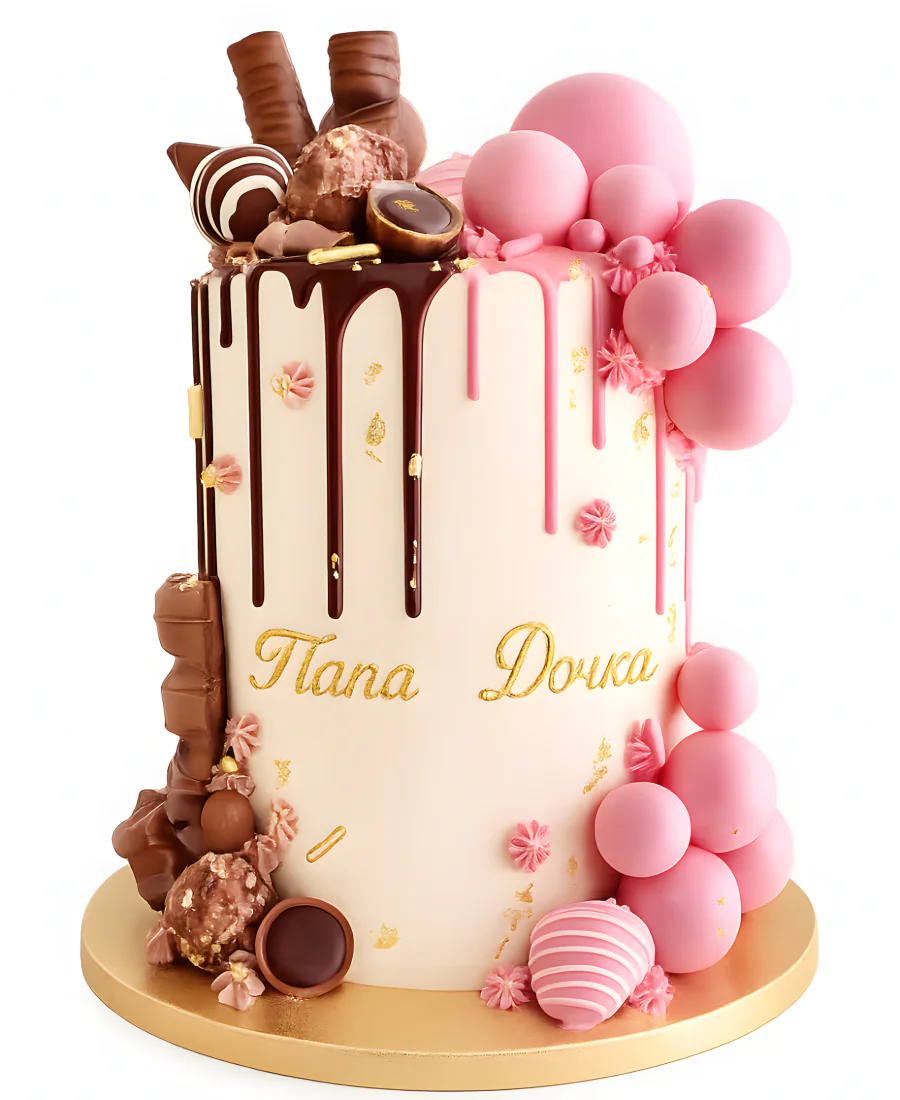 Высокий торт папе и дочке с шоколадом и клубникой Фото