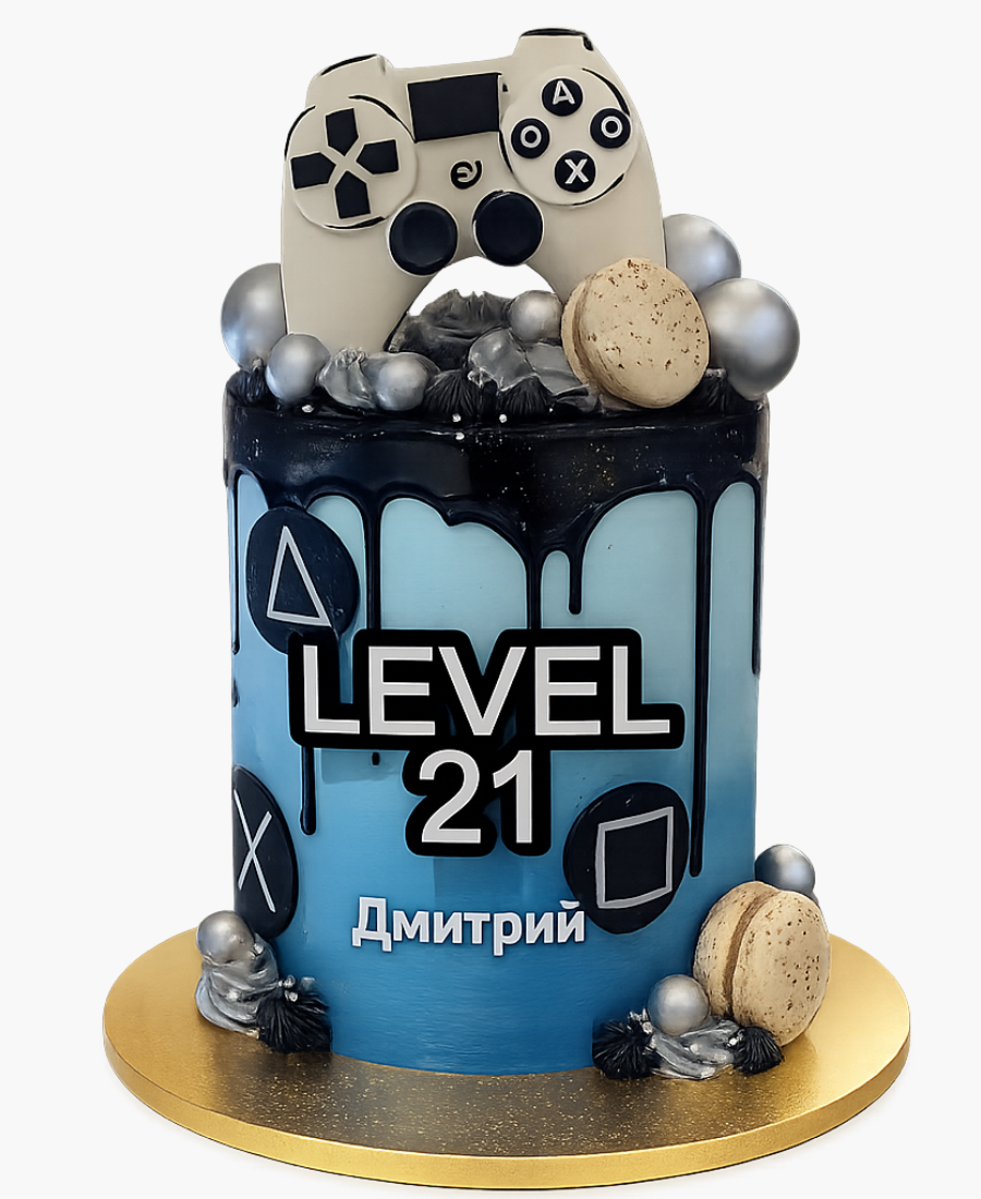 Высокий торт с макарунами и шоколадными шарами Фото