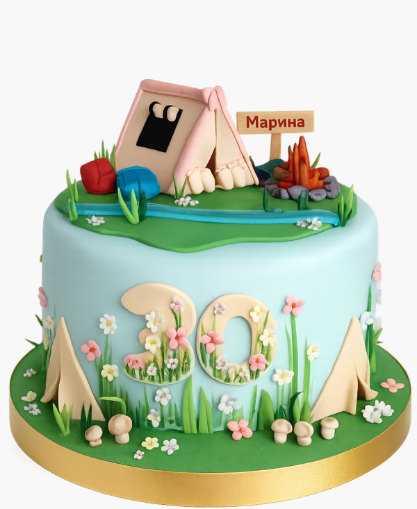 Яркий торт с фигуркой палатки и цветами Фото