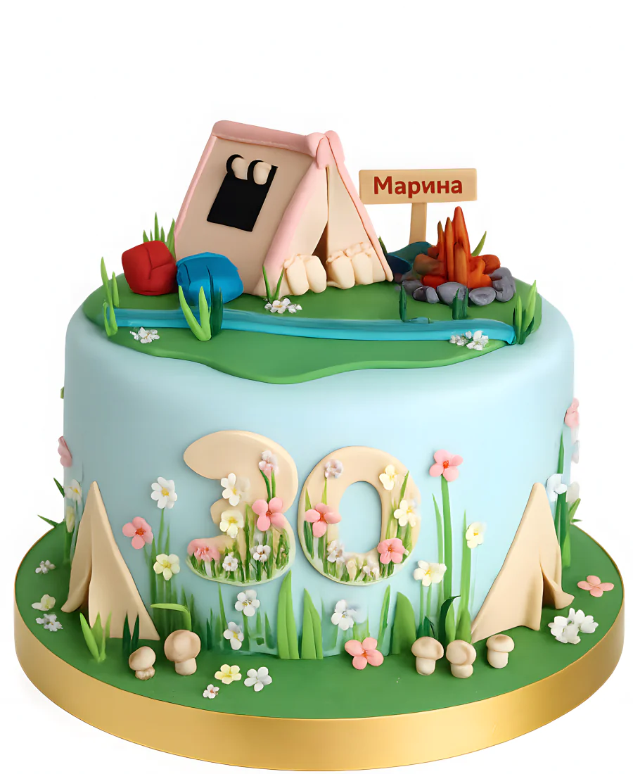 Яркий торт с фигуркой палатки и цветами Фото