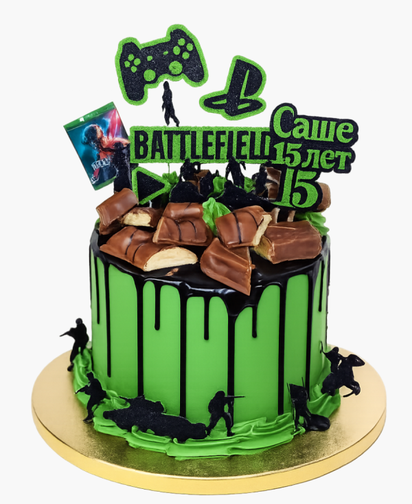 Яркий торт с мастичными топперами в стиле игры Battlefield Фото