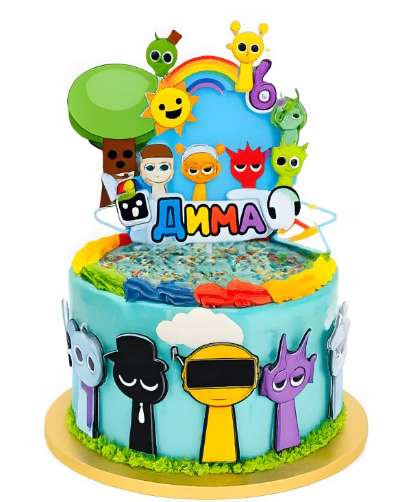Яркий торт с топперами персонажей игры Денди Ворлд Фото
