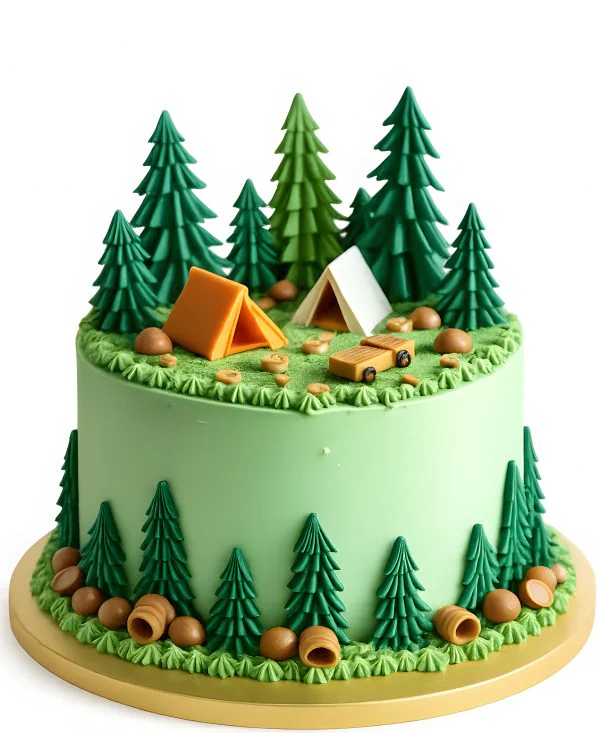 Зеленый торт с елками и палатками Фото