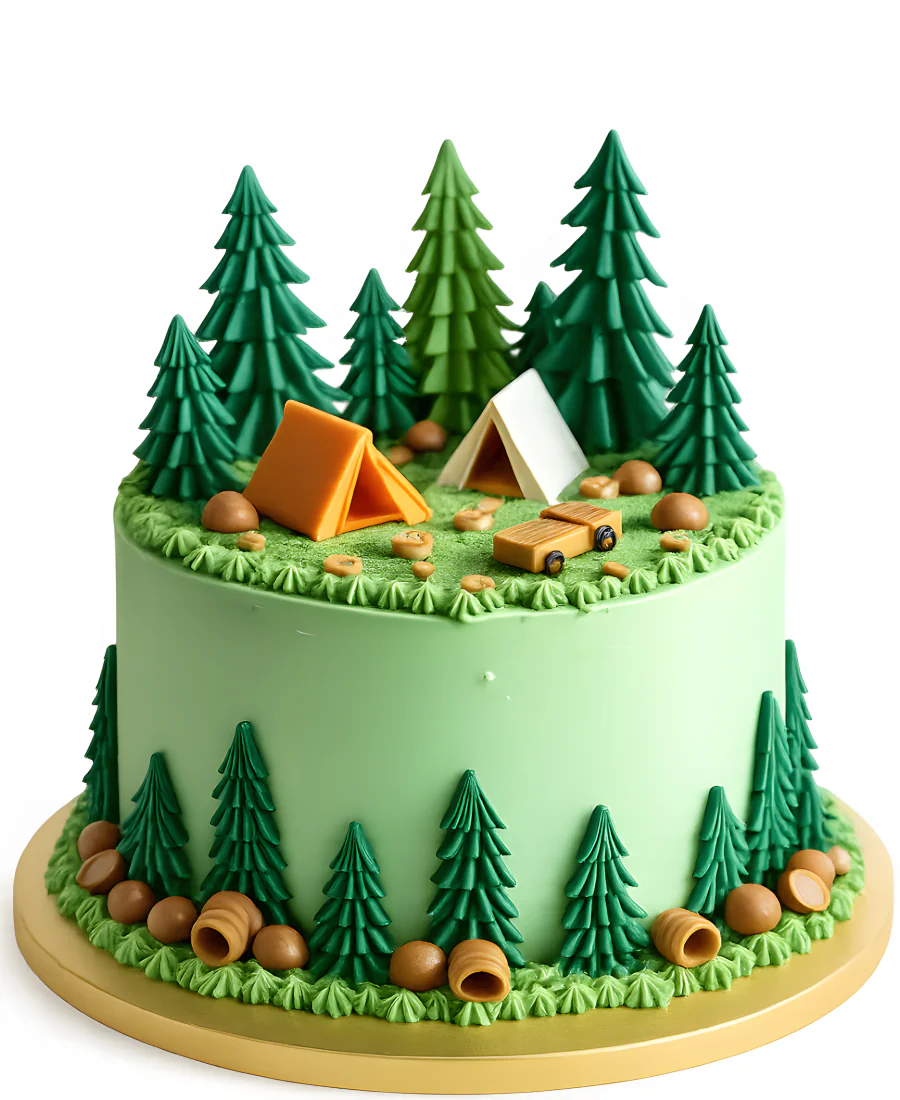 Зеленый торт с елками и палатками Фото