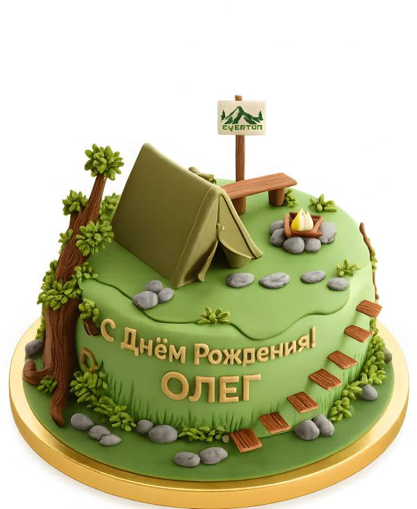 Зеленый торт с фигуркой палатки Фото