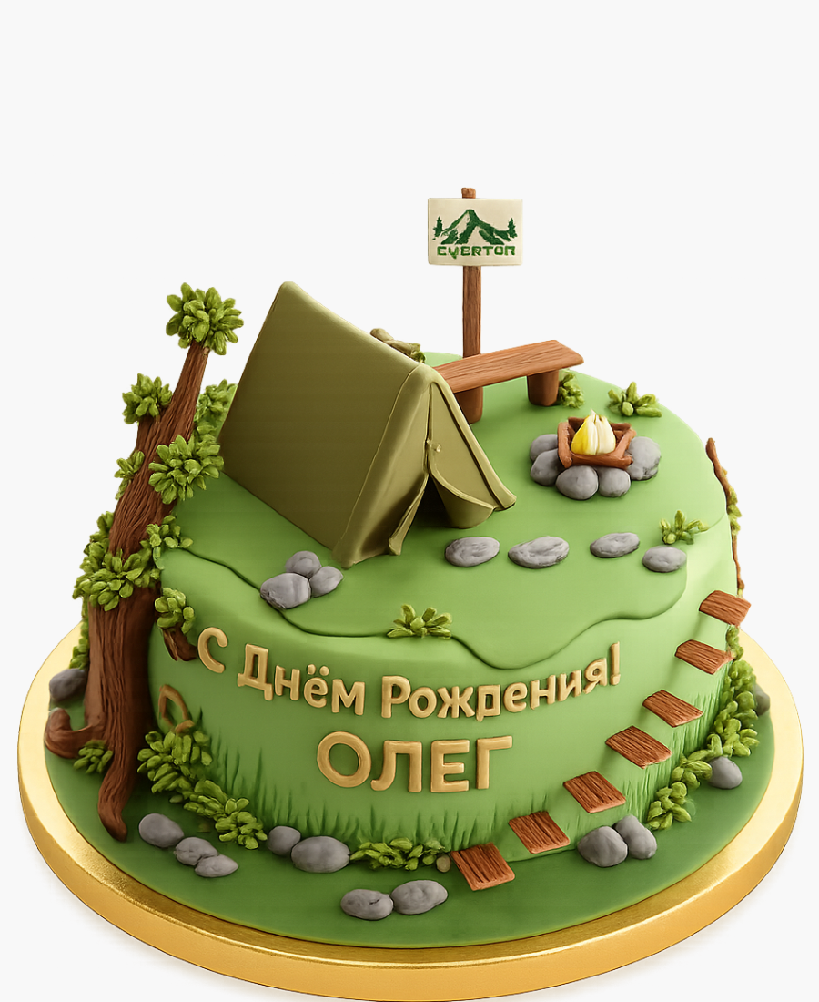 Зеленый торт с фигуркой палатки Фото