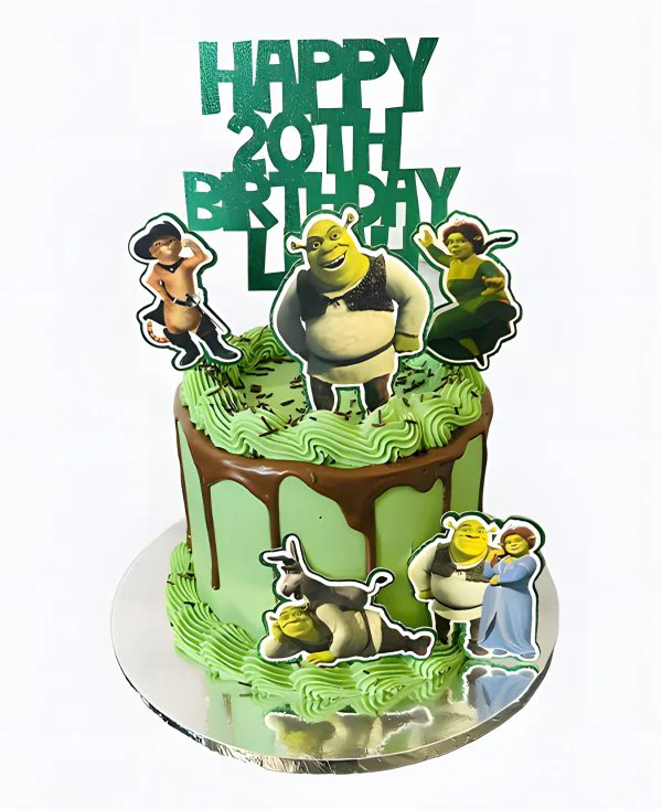 Зеленый торт с шоколадными подтеками и фотопечатью Шрека Фото