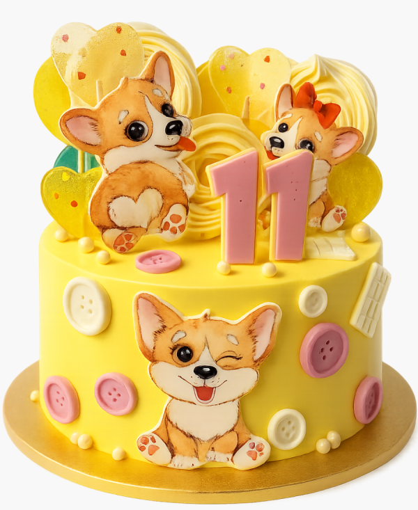 Желтый торт на 11 лет с пуговицами и леденцами Фото