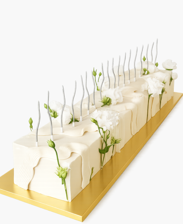 Длинный свадебный торт с свечами и розами Фото