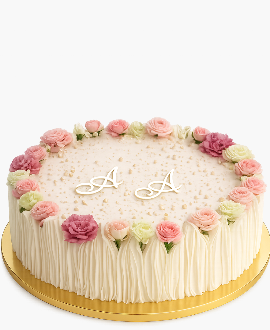 Круглый торт на свадьбу с инициалами и и цветами Фото