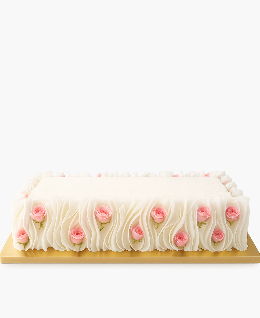Прямоугольный свадебный торт с вафельной бумагой и с розами Фото