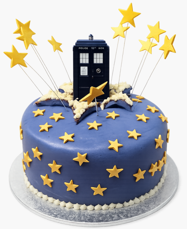 Синий торт с звездами и Тардисом Фото