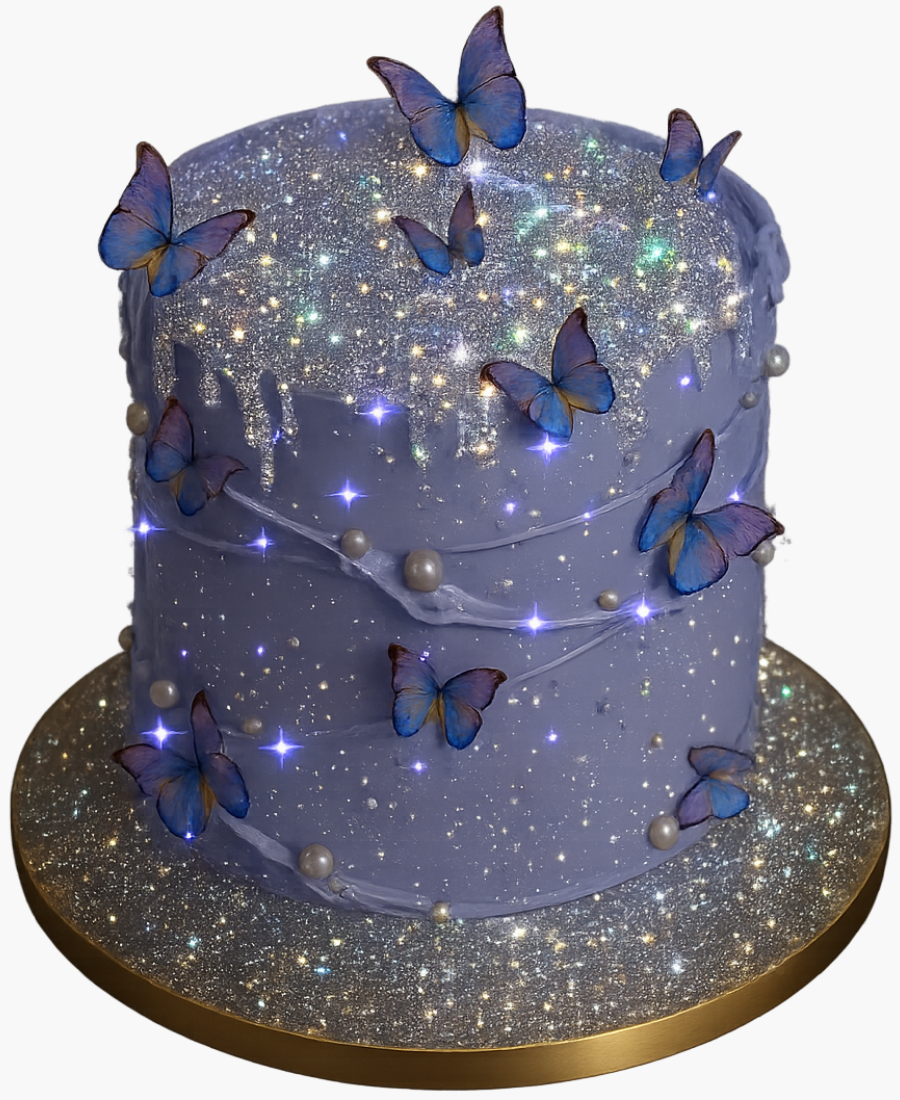 Сиреневый блестящий торт с бабочками Фото