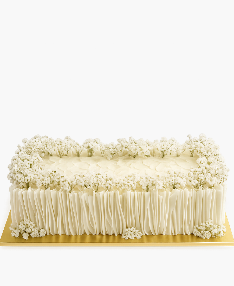 Свадебный прямоугольный торт с вафельной бумагой и гипсофилами Фото