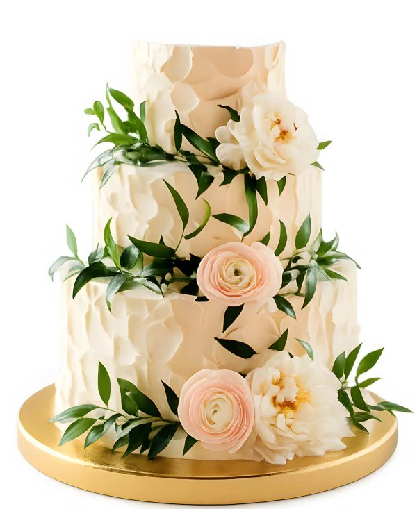 Трехъярусный розовый свадебный торт с живыми цветами Фото