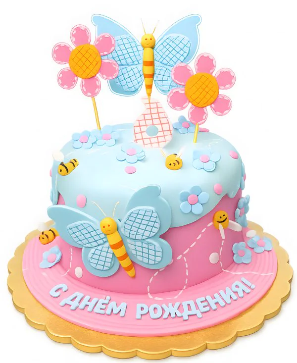 Детский розово-голубой торт с бабочками для девочки 6 лет Фото