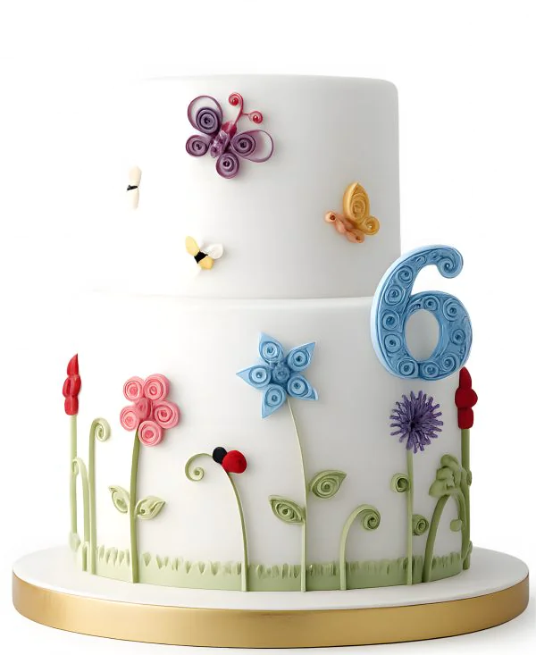 Белый торт с цветами и разноцветными бабочками Фото