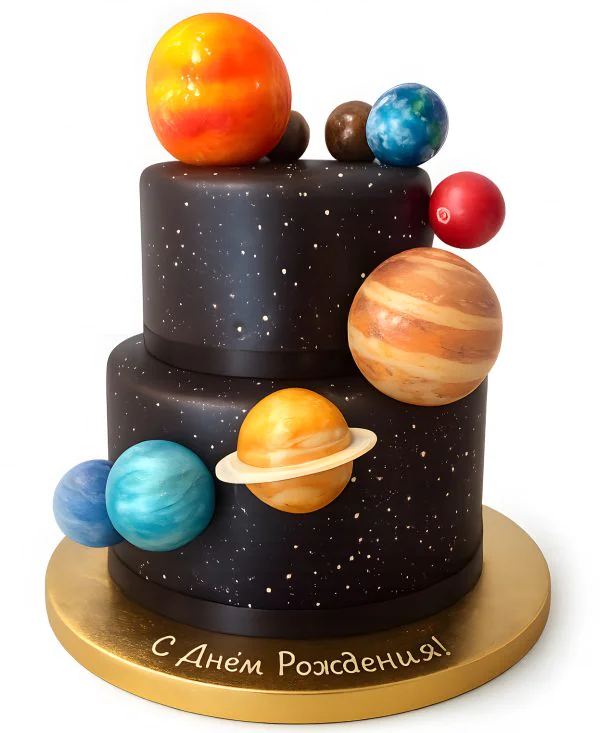 Черный торт с фигурками планет для мальчика Фото