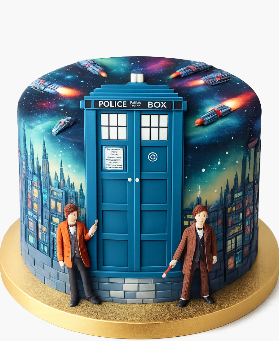 Торт с персонажами и будкой тардис Фото