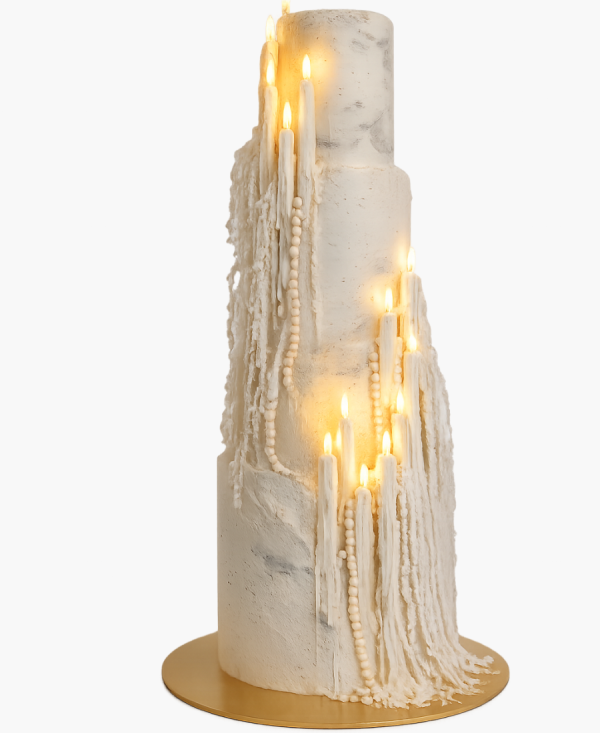 Трехъярусный свадебный торт с свечами Фото