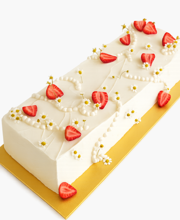 Трендовый свадебный торт с ромашками и клубникой Фото