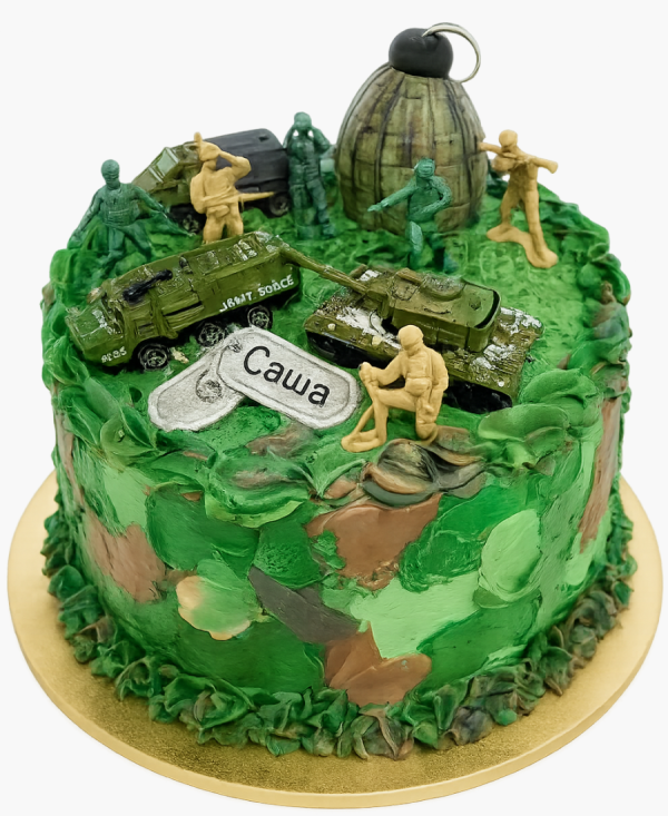 Зеленый кремовый торт с военными Фото
