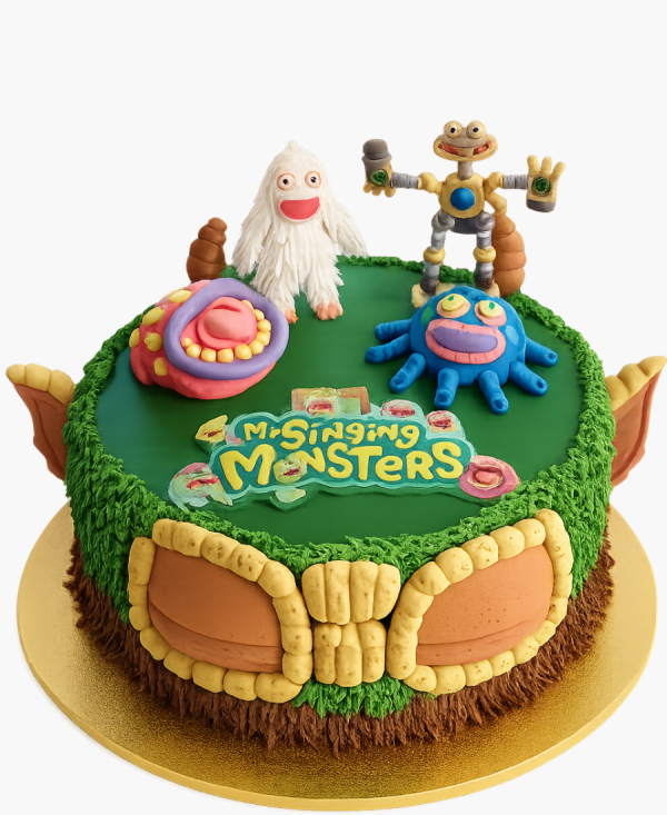 Зеленый торт с фигурками из игры Мои поющие монстры Фото