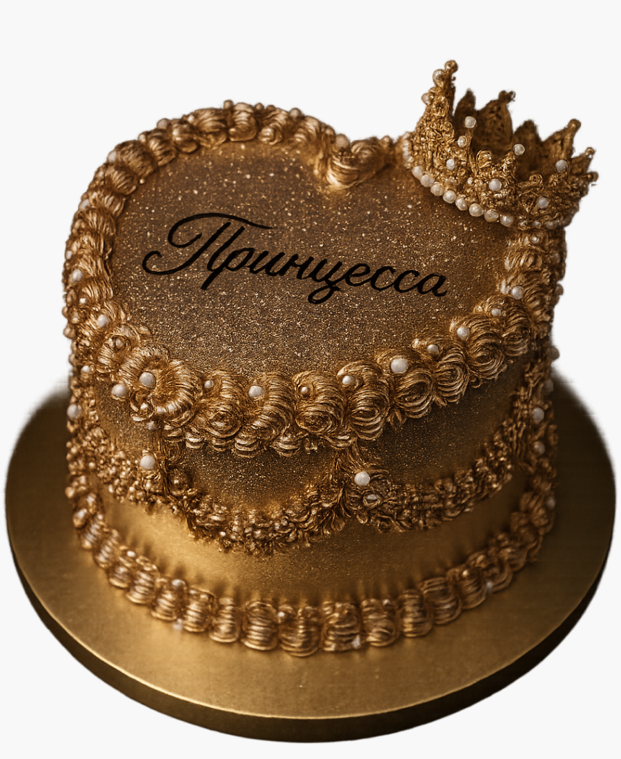 Золотой торт в форме сердца с короной и блестками Фото